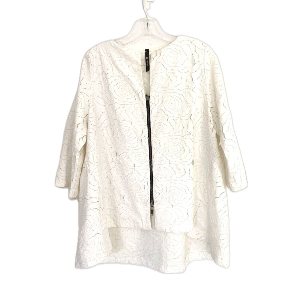IC By Connie Off White Rose Intricate Pattern Full Zip 3/4 Sleeve High Low Tunic